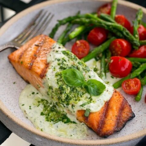 salmon and veggies on a plate