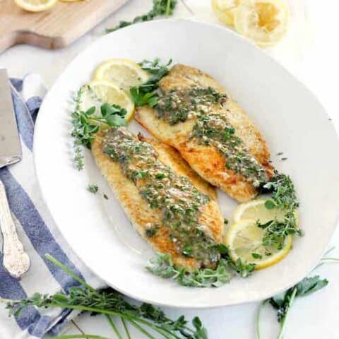 Pan Fried Sea Bass with Lemon Garlic Herb Sauce square