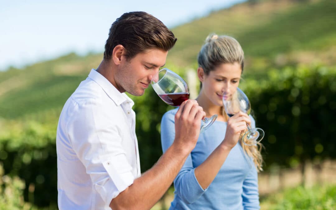 people outside smelling wine from glasses