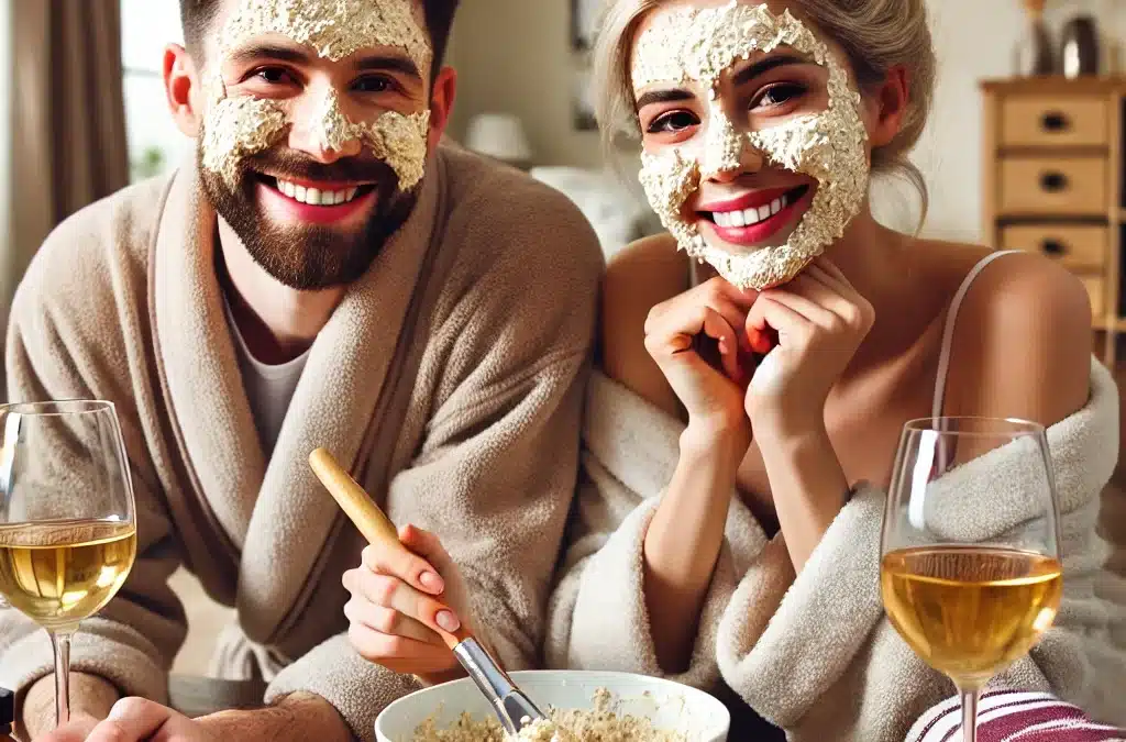 Man and woman having oatmeal and wine facials