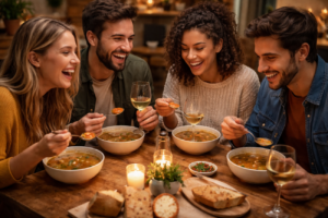 Group of young people drinking wine and soup