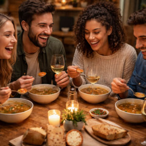 Group of young people drinking wine and soup