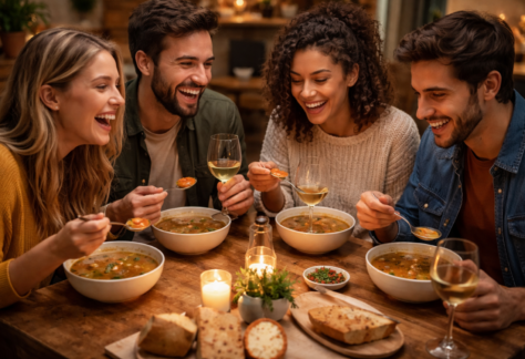 Group of young people drinking wine and soup
