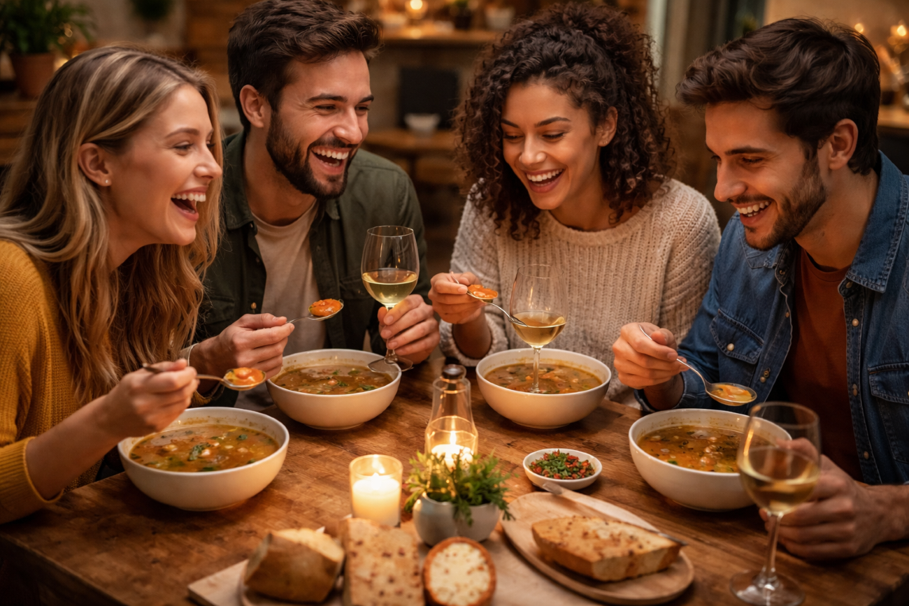 Group of young people drinking wine and soup