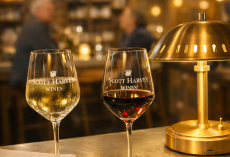 Two wine glasses and plate of food