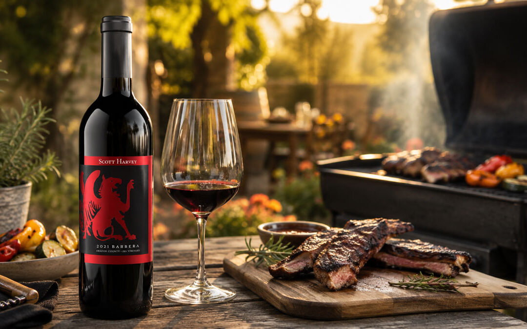 summer evening bbq with tri tip and a bottle and glass of Barbera wine